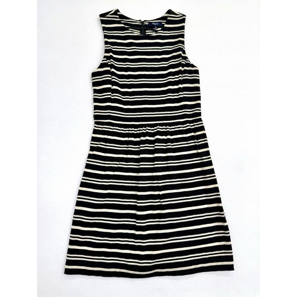 NWT Madewell Sightseer Knit Dress M Black Cream Striped Jacquard Fit Flare $110